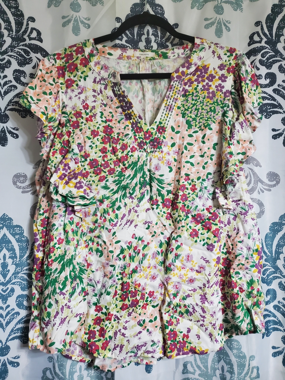 Maurices Multicolor Floral Ruffle V-Neck Blouse